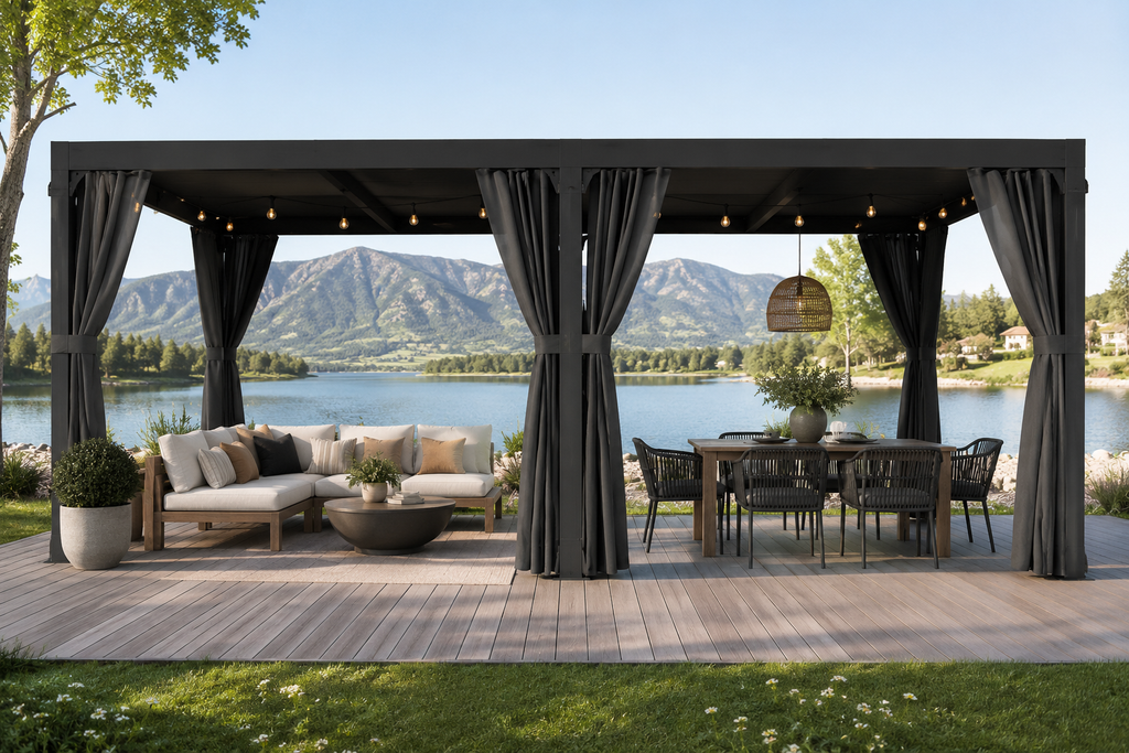 Alora Premium Louvered Pergola With Curtains And Netting