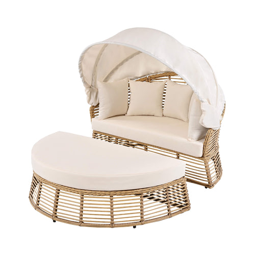 Alora Outdoor Patio Rattan Round Wicker Daybed With Retractable Canopy